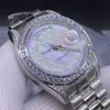 Luxo único anel diamante branco pérola relógio masculino 41mm pulseira de aço inoxidável data automática3035