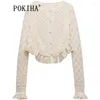 Maglieria da donna Pokiha Moda Donna Pizzo con volant Ritagliato Cardigan lavorato a maglia Maglione Bottoni frontali Manica lunga Capispalla femminile Top chic