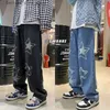 Męskie dżinsy modne gwiazdy swobodne gwiazdy ręczniki haft workowate męskie dżinsy spodnie Y2K ubrania proste hip -hop bawełniane spodnie pantn homme men Jean Q231213