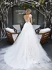 Illusion Fashionable Wedding Dresses For Women 2023 Bride Off-Shoulder Deep V-Neck Tulle A-Line Sweep Train Backless Sexy Covered Button 3D-Floral Appliques