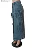 Jupes Benuynffy Streetwear ltiple poche fermeture éclair Cargo longues jupes femmes Y2k Vintage ample haute fente effiloché ourlet Denim Maxi jupe L231212