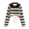 Women's Sweaters Women 2023 Fashion Sexy Round Neck Stripe Short Sweater Vintage Long Sleeve Back Open With Tied Knit Cropped