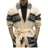 Suéter masculino outono inverno homens engrossar jacquard malha cardigan casaco vintage turndown colarinho com cintura grossa agulha suéter