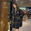 Womens Suits Blazers Fashion Women Preppy Style Oversize Plaid Suit Woolen Coat Loose Long Ladies Overcoat Casual Female Jacket 231212