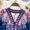 Robes de piste Femme Spring Summer Flower Place Robe Piste en V V Ve-collier Lanterne Boutons sur la ceinture haute taille A-Line Mini Robe courte 2024