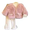 Cardigan Winter Girls Fur Jacket Fashion Cotton Padded Kids Princess Coats Warm Plush Bottoming Shirt Thick Fleece Pants 2 3 4 5 6 7Yrs 231211