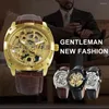 Wristwatches Royal Retro Gold Skeleton Mechanical Watches Engraved Movement Luminous Hands Square Automatic Mens Watch Genuine Leather Strap