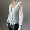 Kadın bluzları bandaj ince gömlek uzun kollu düğmeli bağlantı swiss noktaları zarif bluz estetik bahar sonbahar üstleri moda ol