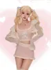 Abiti da lavoro Lolita giapponese Kawaii Set da 3 pezzi Mini gonna da donna per feste dolci Gilet corto con stampa femminile Cardigan a maniche lunghe rosa