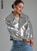Kurtki damskie Oważna srebrna sztuczna skórzana kurtka Elegancka luźna lapowa płaszcz z długim rękawem Autumn Lady Streetwear Motorcycle 231212