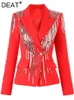 Ternos femininos blazers DEAT outono feminino blazer entalhado fino lantejoulas rebite duplo breasted manga longa vermelho terno jaquetas feminino 7yz8501 231211