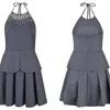 Casual Dresses Handmade Sequin Beading Hanging Neck Sexy Club Open Back Mini Dress High Waist Black Grey Princess Robe 2023