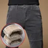 Men S Pants 2023 Winter Fleece Warm Corduroy Men Affärsmode Slim Fit Stretch Thicken Grey Green Fluff Casual Trousers Man 231212