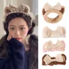 Cartoon Kat Oren Hoofdband Plaid Grote Strik Elastische Haarband Zacht Pluche Wassen Gezicht Make-up Tulband Headwrap Haaraccessoires