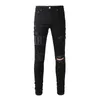 Mäns jeans High Street Style Män orolig Blue Blue Black Embroidered Patch Skinny Stretch Ripped Streetwear förstörda hålmärke