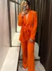 Kvinnors tvådel Pants långa ärm Slim Single Button Suit Orange Casual Trousers Pure Color High Maisted Wide Ben Pants Set 231211