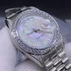 Luxury Single Ring Diamond White Pearl Men's Watch 41mm rostfritt stål Strap Automatisk datum289s