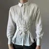 بلوزات النساء ضمادة ضمادة قميص رفيع الأكمام طويلة الأزرار التي تربط نقاط سويسرية سويس