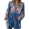 Women's Blouses Women Top V Neck Retro Flower Print Long Sleeve Loose Drawstring Pullover Pleated Mid Length Patchwork Soft Fall Sprin