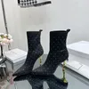 Nya moneta högklackade skor Kvinnor Pointy Toe Pullover Tyg Fashion Ankle Boots With Stiletto Heels Runway Black Full Of Diamond Sheepskin Black 9.5cm