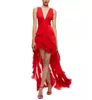 Sexy Short Hi-Lo Red Chiffon Prom Dresses With Ruffles Asymmetrical Pleated Party Dress Maxi Formal Evening Dresses for Women