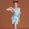 Stage Wear Summer Kids Latin Dance Clothes Girls Blue Fringe Dress Performance Costume Cha Rumba Samba Tango Suit JL5343