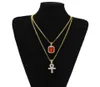 Bijoux Hip Hop pour hommes, chaîne en or, strass, pendentif rubis rouge, collier, Set2513072
