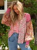 Women's Blouses GypsyLady Boho Floral Printed Blouse Shirt Summe Spring Rayon Long Puff Sleeve V-Neck Vocation Beach Casual Ladies Women