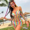 Nouvelles femmes résille arc-en-ciel vêtements de plage Sexy filet de poisson Mini body robe érotique maille évider voir à travers des robes moulantes sexy