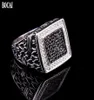 Real S925 Pure Silver Jewelry Black And White Diamond Men039s Ring Vintage Dripping Oil Zircon For Man Cluster Rings9901951
