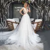 Illusion Fashionable Wedding Dresses For Women 2023 Bride Off-Shoulder Deep V-Neck Tulle A-Line Sweep Train Backless Sexy Covered Button 3D-Floral Appliques