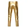 Pantalons pour hommes 2023 Hommes Gold Brillant Enduit Métallisé Faux PU Cuir Moto Pantalon Hommes Discothèque Stage Perform pour chanteurs