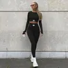 Calças femininas de duas peças Mulheres Outono Casual 2 Outfits Manga Longa Tripulação Pescoço Crop Tops e Cintura Baixa Flare Lounge Sets Tracksuits