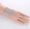 Slave Silber Hand Kristall Kette Ring Braut Armband Armreif Strass Hand Dekoration Hochzeit Manschette befestigt Ring Set Gold4002047