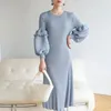 Casual Dresses Miyake Folds 2024 Spring French Lantern Sleeve Dress Solid Color Pendder Liten doft