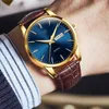 Top Men Classic Gold Blue Face Quartz Waterproof Watch Brown Leather Strap Business Popular Casual For Mens Watch258u