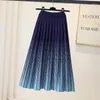 Skirts Fashion Gradient Knitted Long Skirt Women 2023 Autumn Winter Vintage Vertical Stripe High Waist Pleated Midi Female Jupes