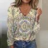 Women's Blouses 2024 Casual Spring Autumn Women Knitted Shirts Vintage Print Button V-neck Long Sleeve Loose Office Lady Party Top