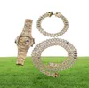 Iced Out Watch Armband Halsbandsbricka Set Luxury Designer Mens Hip Hop Bling Cuban Link Chain Armband Halsband Guldkedjor G8417324