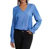 Kvinnors blusar WSEVYPO Office Lady Blue Spring Fall Long Sleeve Ruffle Trim V Neck Casual Shirts Work Daily Chic Plain Blouse