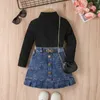 Kleidung Sets 2023 Kinder Kind Mädchen 4-8 Jahre Alte Kleidung 3 stücke Lange Ärmel Hemd Tops Denim Rock herz Gürtel Outfit