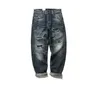 Herren-Jeans, Designer-Jeans, trendige Distressed-Patch-Jeans, lockere, gerade Freizeithose für Herren, Katzenschnurrbart, Steinschliff, ausgewaschene und abgenutzte lange Hose KKK7