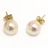 Stud Earrings 7-7 5mm Natural White Round Akoya Pearl With 14K Yellow Gold232N