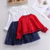 Conjuntos de roupas crianças roupas de menina 2 peças conjunto vermelho malha cardigan camisola renda colarinho manga longa malha retalhos princesa meninas vestido