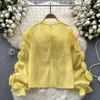 Bluzki kobiet francuskie eleganckie bluzki szyfonowe i 3D kwiatowa siatka Sheer Lantern Santern Bluzka jesień Wszechmocny Blusa Drop