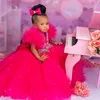 Vintage Flower Girl Dresses Fuchsia Cap Sleeves Crystals Beaded Tulle Tiered Dress for Wedding First Birthday Party Gowns