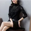 Women's Blouses Elegant Stand Collar Spliced Gauze Bright Silk Clothing 2023 Autumn Winter Loose Casual Tops Office Lady Shirts