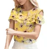 Kvinnors blusar eleganta ruffles blus kvinnor tryck blommor casual off axel toppar chiffong koreansk stil blusa