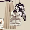 Women s Pants s Small winter wear with a complete set of diamond check sweater retro day lazy cotton coat vest wide leg pants three piece 231212