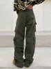 Calças de brim femininas calças de carga verde mulheres baixa ascensão namorado para multi bolso hip hop estética baggy y2k streetwear calças